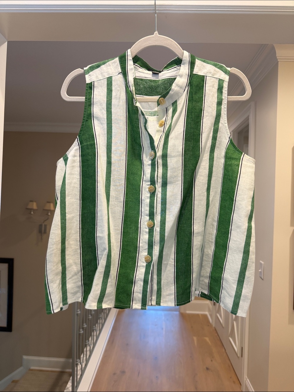 Ann Taylor Green black and White Striped Button-Up Sleeveless linen Top